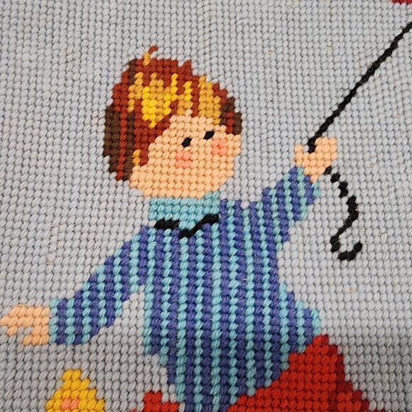 Vintage Finished Needlepoint Wall Hanging Boy & Girl Flying Kites In Flower Gard - Picture 7 of 8